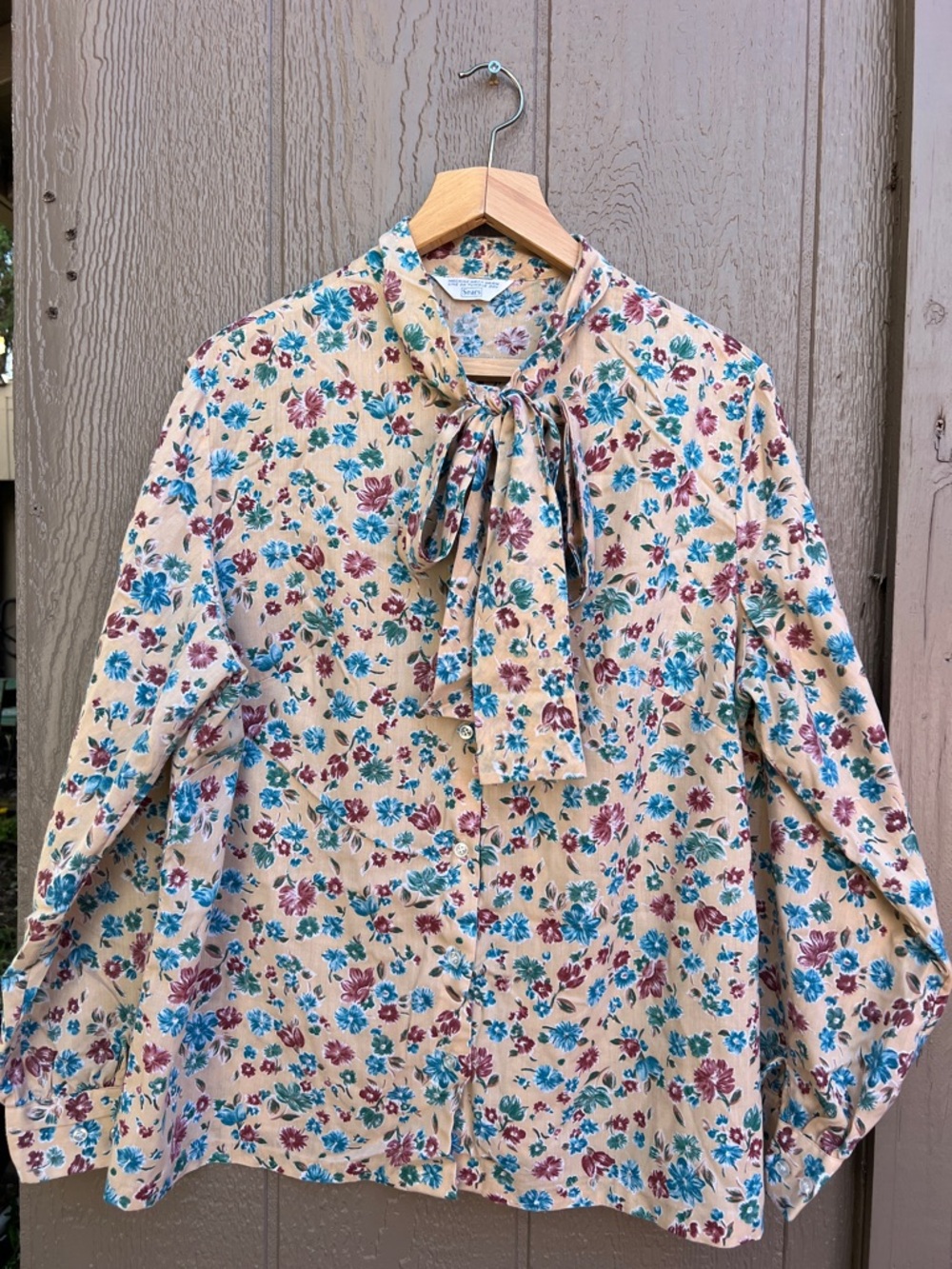 Vtg Sears Beige Floral Tie-Neck Long Sleeve Blouse Size 2X PTP 24 1/2